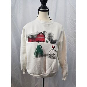 Vintage Farmhouse Barn Rooster Winter‎ Scene Sweatshirt Women's Large